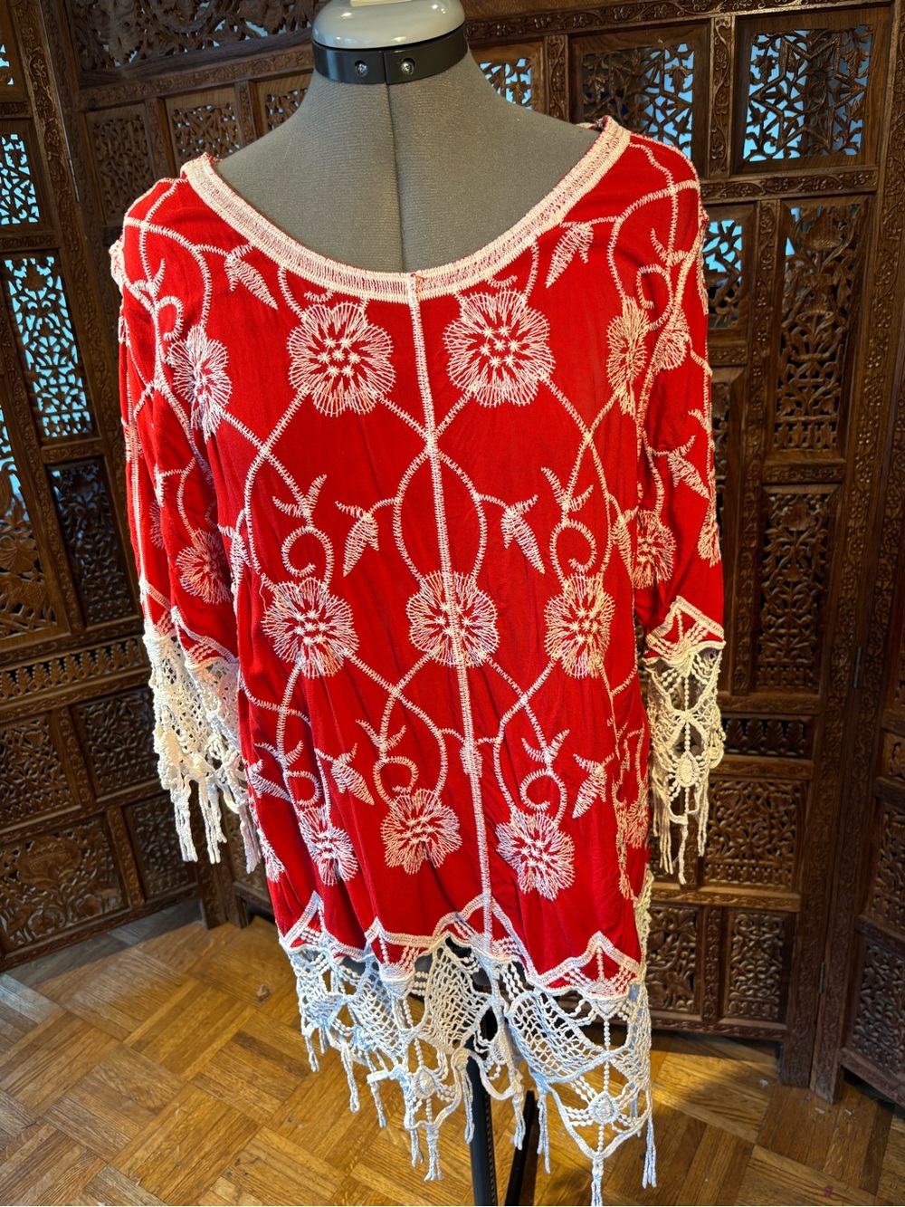 C.Est 1946 Women's Red Embroidered Boho Tunic with White Crochet Trim